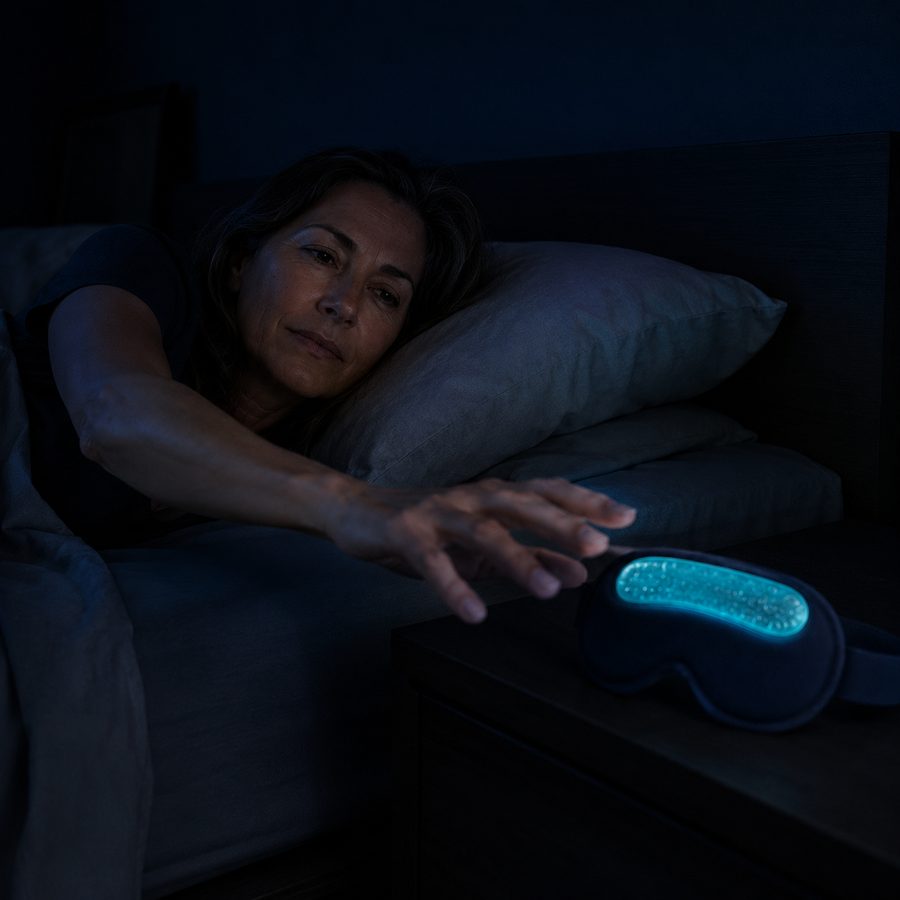 A woman lying awake in bed at night, reaching toward the glowing 2AM Rescue Mask on her nightstand.