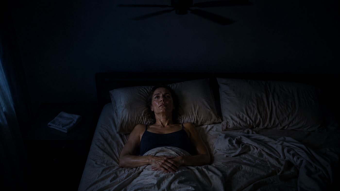 A woman lying awake in bed at night, damp with sweat, staring at the ceiling fan that isn't helping.