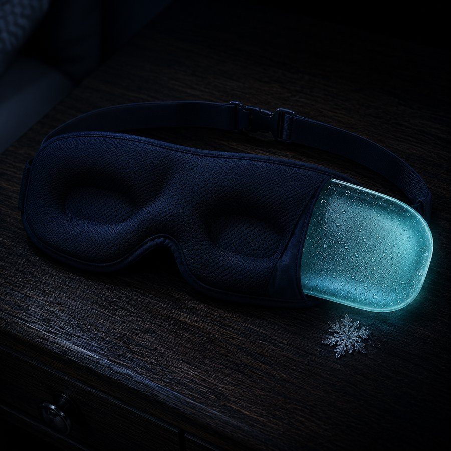 The 2AM Rescue Mask with its cooling gel insert visible, condensation beaded on the surface, resting on a dark wood nightstand.