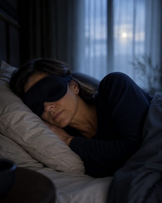 A woman sleeping soundly on her side wearing the 2AM Rescue Mask, strap secure, pre-dawn moonlight through the window.